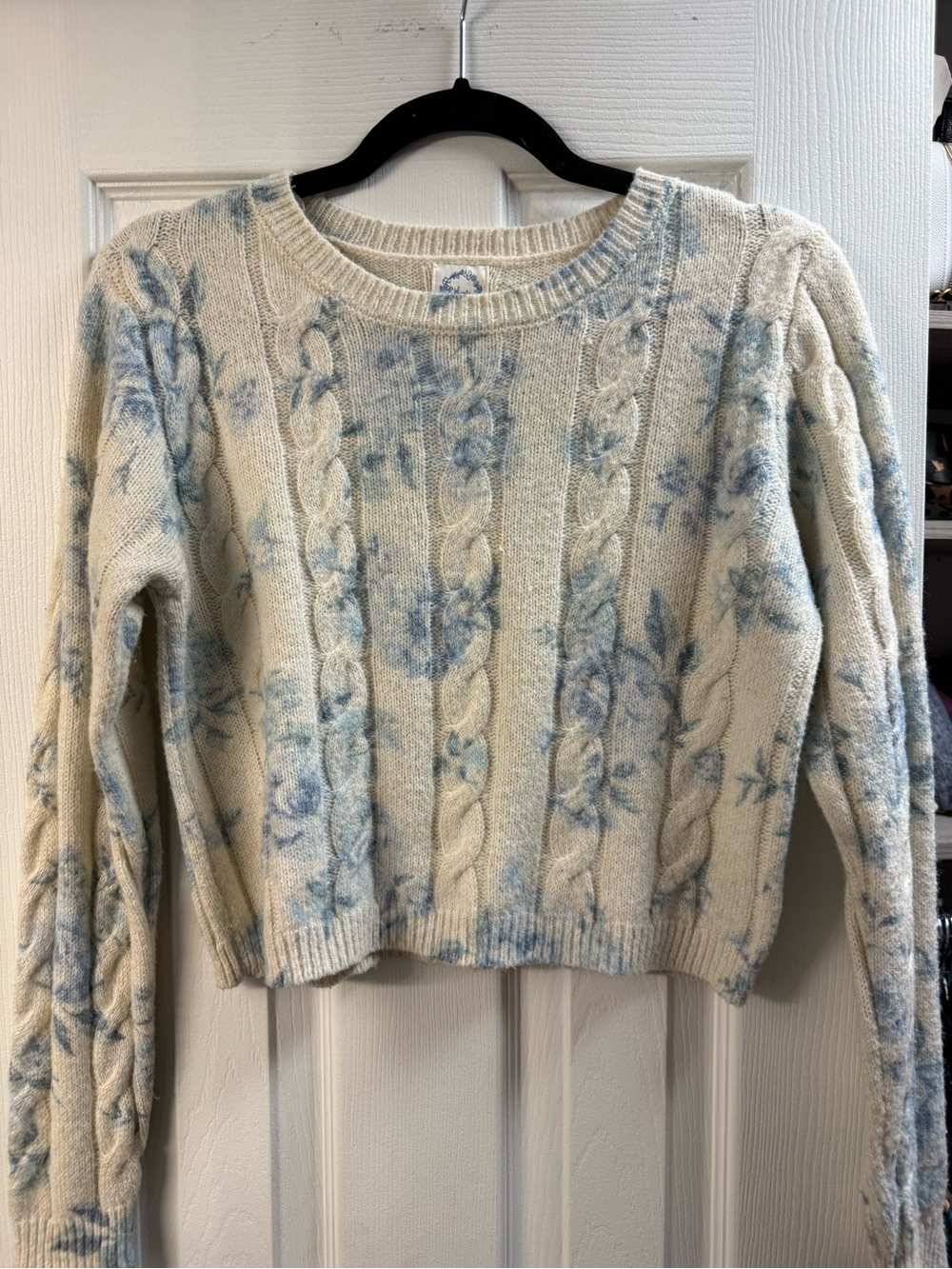 Blue Rain Cream Sweater with Light Blue Floral Cable Knit